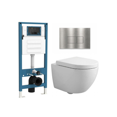 QeramiQ Dely Swirl Ensemble WC Compact - réservoir encastré QeramiQ flush - abattant 25mm - plaque de commande métallique inox - boutons rectangulaires - blanc brillant