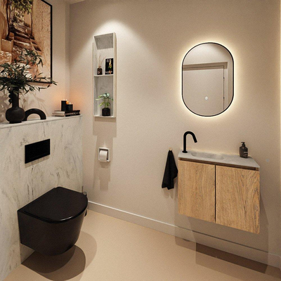 MONDIAZ TURE-DLUX Meuble toilette - 60cm - Washed Oak - EDEN - vasque Opalo - position gauche - 1 trou de robinet