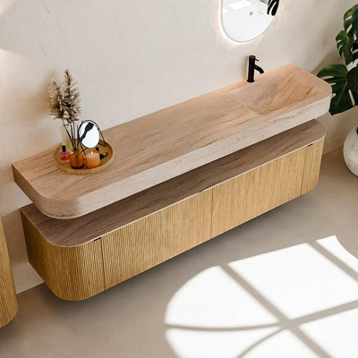 MONDIAZ THOR-DLUX Meuble de salle de bains - 200cm - arrondi gauche + droite - couleur Oak - 2 tiroirs et 2 portes - Vasque suspendue CLOUD Droite 1 trou de robinet couleur Saba