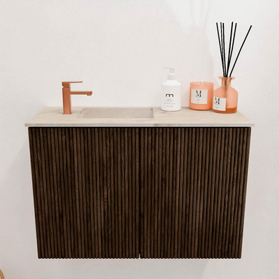 Mondiaz JOYA-DLUX 60cm toiletmeubel - kleur Walnut - Wastafel FAYE positie Links 1 kraangat kleur Frappe.
