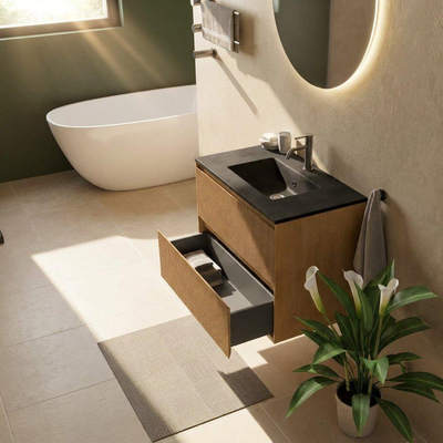 Saniclass Holz Atelier Ensemble meuble de salle de bains - 80x45x62cm - Lavabo Vygo en céramique noir - 1 vasque - 1 trou de robinet - 2 tiroirs - chêne natural mat (bois)