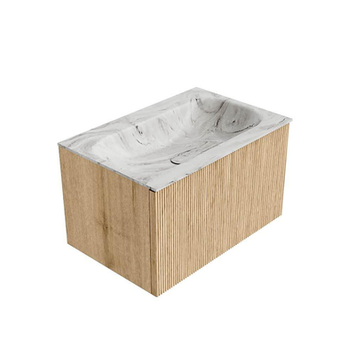 MONDIAZ KURVE-DLUX Meuble de salle de bains 70 cm couleur Oak avec 1 tiroir. Lavabo BIG SMALL centré sans trou de robinet couleur Glace.