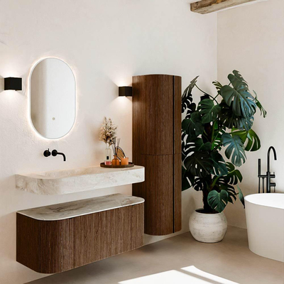 MONDIAZ THOR-DLUX 110cm badmeubel ronding links + rechts kleur Walnut met 1 lade en 2 deuren. Vrijhangende wastafel CLOUD Links zonder kraangat kleur Frappe.