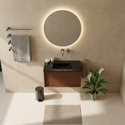 Saniclass Holz Frame Ensemble meuble de salle de bains - 80x45x42cm - Vygo lavabo en céramique noir - 1 vasque - sans trou de robinet - 1 tiroir - noyer pure mat (bois)