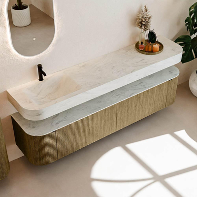 MONDIAZ THOR-DLUX 200cm meuble de salle de bains arrondi gauche + droite couleur Dusk avec 2 tiroirs et 2 portes. Vasque suspendue CLOUD gauche 1 trou de robinet couleur Opalo.