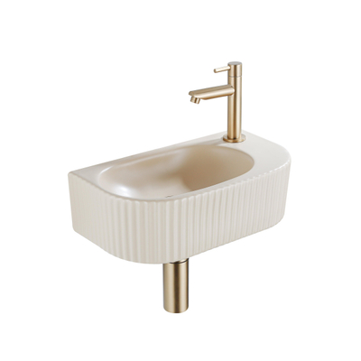 QeramiQ Fuente Fonteinset - 40x21.5x12cm - rechts - geribbeld - halfrond - 1 kraangat - keramiek - fonteinkraan geborsteld messing - afvoerplug - verlaagd sifon - beige