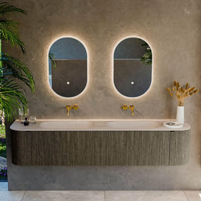 MONDIAZ KURVE-DLUX meuble de salle de bains 200cm arrondi Gauche + Droite couleur Shadow avec 2 tiroirs et 2 portes. Lavabo STOR SMALL Double sans trou de robinet Meli.