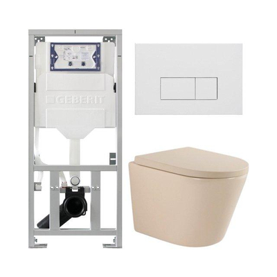 QeramiQ Dely Toiletset - 36.3x51.7cm - diepspoel - rimless - Geberit UP320 inbouwreservoir - softclose toilet zitting 35 mm - mat witte bedieningsplaat - rechthoekige knoppen - mat beige