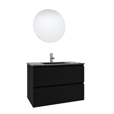 Saniclass Chaci Ensemble meuble de salle de bains - 80x46x55cm - vasque en céramique noire - 1 lavabo - 1 trou de robinet - 2 tiroirs - miroir rond avec éclairage - noir mat