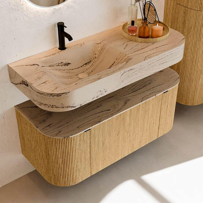 MONDIAZ THOR-DLUX 110cm badmeubel ronding links + rechts kleur Oak met 1 lade en 2 deuren. Vrijhangende wastafel CLOUD Links 1 kraangat kleur Arena.