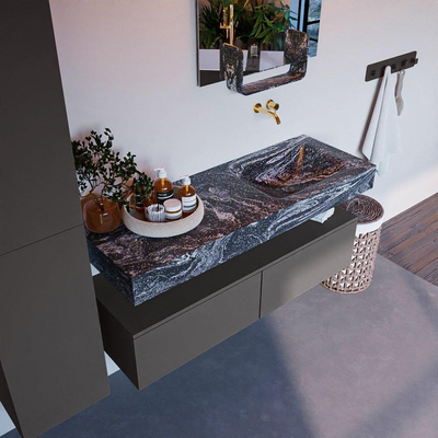Mondiaz ALAN-DLUX Ensemble de meuble - 130cm - meuble Dark grey mat - 2 tiroirs - Lavabo Cloud Lava suspendu - vasque Droite - 0 trous de robinet