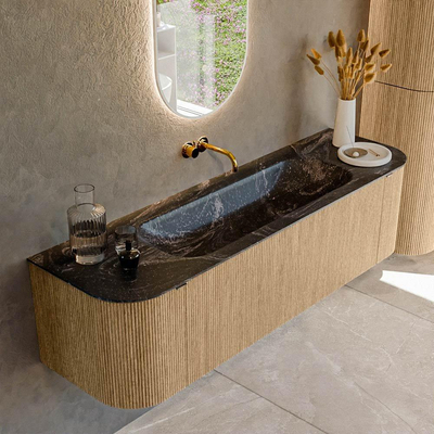 MONDIAZ KURVE-DLUX meuble de salle de bains 160 cm avec module 25 Len R couleur Chêne avec 1 tiroir et 2 portes. Lavabo BIG MEDIUM au milieu sans trou de robinet couleur Lava.