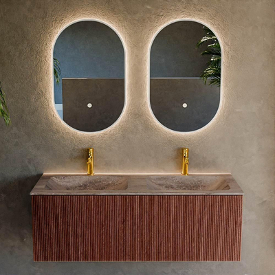 MONDIAZ KURVE-DLUX Meuble de salle de bains 120cm couleur Ruby avec 1 tiroir et 0 porte. Lavabo LEAF Double 2 trous de robinet Oza.