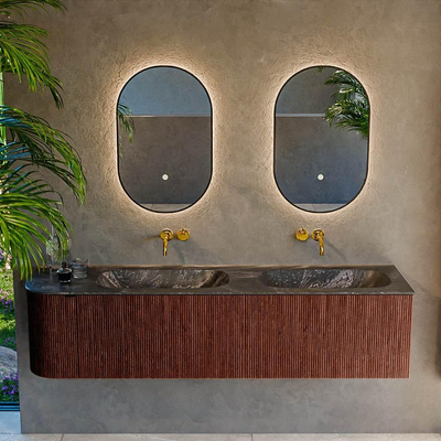 Mondiaz KURVE-DLUX Badkamermeubelset - 175x46x40cm - 2 lade - 1 deur - wastafel solid surface - dubbel / rechts - zonder kraangat - Ruby