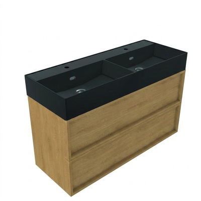 Saniclass Holz Frame Ensemble de meuble de salle de bains - 120x45x72cm - lavabo Legend en céramique noir mat - 2 vasques - 2 trous de robinet - 2 tiroirs - chêne natural mat (bois)