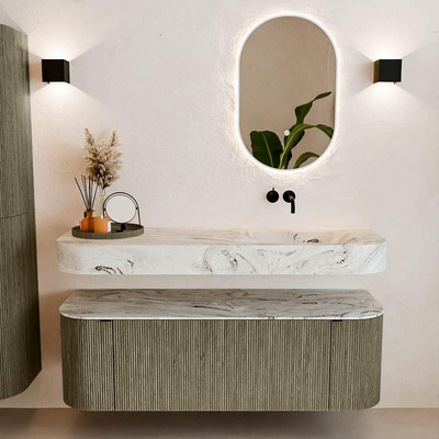 MONDIAZ THOR-DLUX 140cm badmeubel ronding links + rechts kleur Shadow met 1 lade en 2 deuren. Vrijhangende wastafel CLOUD Rechts zonder kraangat kleur Glace.