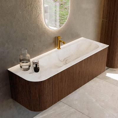 MONDIAZ KURVE-DLUX 135cm badmeubel met module 25 L kleur Walnut met 1 lade en 1 deur. Wastafel BIG MEDIUM rechts 1 kraangat kleur Frappe.