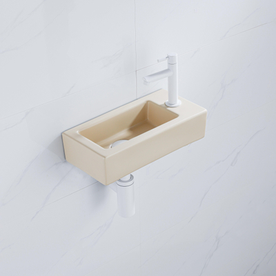 QeramiQ Fuente Ensemble lave-mains - 37.5x18.5x9cm - céramique - trou de robinet à droite - robinet de lave-mains blanc mat - bouchon de vidage - siphon abaissé - Beige mat