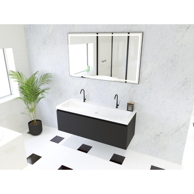 HR Matrix ensemble meuble de salle de bain 3d 120cm 1 tiroir sans poignée avec bandeau couleur noir mat avec vasque djazz 2 trous de robinetterie blanc