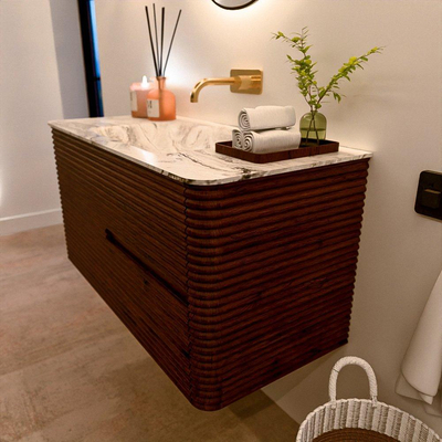 Mondiaz CIRO-DLUX Meuble de salle de bains - 100x45x50cm - Plan vasque solid surface Glace - 1 vasque centrale - sans trous de robinetterie - 2 tiroirs - Ruby