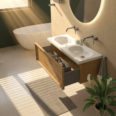 Saniclass Holz Frame Ensemble de meubles de salle de bains - 120x45x43.5cm - lavabo en céramique Palermo blanc - 2 vasques - sans trous de robinetterie - 1 tiroir - chêne natural mat (bois)