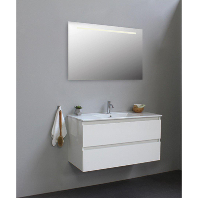 Basic Bella Meuble lavabo céramique avec 1 trou de robinet avec miroir avec éclairage 100x55x46cm Flat Pack Blanc Haute-brillance