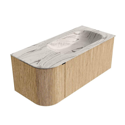 MONDIAZ KURVE-DLUX Meuble de salle de bains 105cm arrondi à gauche couleur Oak avec 1 tiroir et 1 porte. Lavabo BIG SMALL à droite 1 trou de robinet Nata.