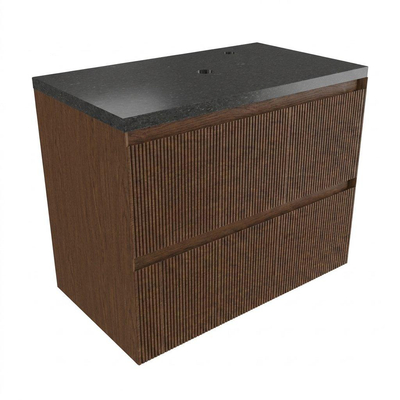 Saniclass Holz Atelier Ensemble de meuble de salle de bains - 80x45x63cm - Plan vasque en basalte Noche poli (noir) - 1 trou de robinet - 2 tiroirs - walnut pure mat (bois)