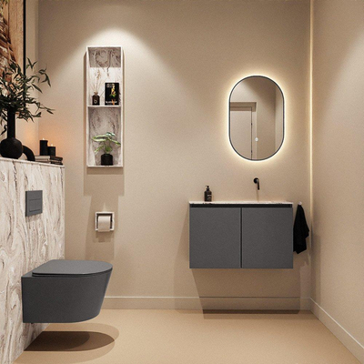 MONDIAZ TURE-DLUX Meuble toilette - 80cm - Dark Grey - EDEN - vasque Glace - position droite - sans trou de robinet