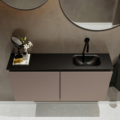 MONDIAZ TURE Kit lave-mains - 100x23x50cm - 0 trou de robinet - 2 portes - fumée mate - Lavabo à droite - Solid Surface Noir