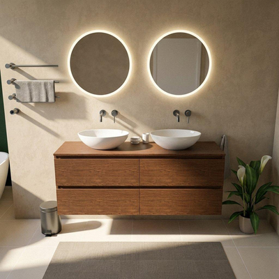 Saniclass Holz Pure Ensemble meuble de salle de bains - 160x45x62cm - plan de travail en bois - sans trou de robinetterie - 4 tiroirs - noyer pure mat (bois)