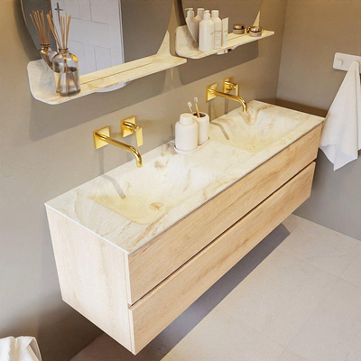 MONDIAZ VICA-DLUX Ensemble meuble de salle de bains - 150cm - meuble bas Washed oak - 2 tiroirs - lavabo encastré cloud double - sans trous de robinet - version haute 60cm - frape