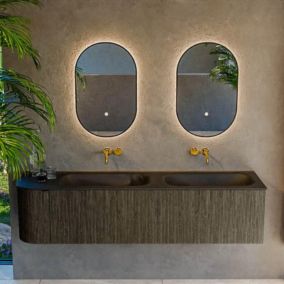 Mondiaz KURVE Ensemble de meuble de salle de bains - 175x46x40cm - 2 tiroirs - 1 porte - vasque solid surface - double / droite - sans trou de robinet - Shadow