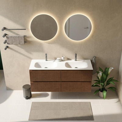 Saniclass Holz Atelier Ensemble de meubles de salle de bains - 140x45x61.5cm - Flow lavabo en solid surface blanc - 2 vasques - 2 trous de robinet - 4 tiroirs - walnut pure mat (bois)