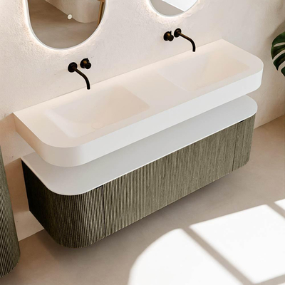 MONDIAZ THOR 150cm meuble de salle de bains arrondi gauche + droite couleur Shadow avec 1 tiroir et 2 portes. Vasque suspendue CLOUD Double sans trou de robinet couleur Talc.