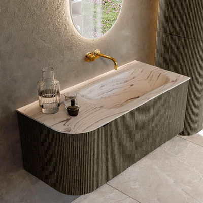 MONDIAZ KURVE-DLUX Meuble de salle de bains 105cm arrondi à gauche couleur Shadow avec 1 tiroir et 1 porte. Lavabo BIG SMALL à droite sans trou de robinet Nata.