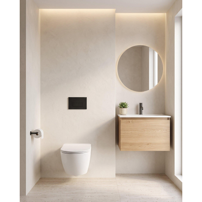 Pack WC QeramiQ Dely Swirl Compact - réservoir encastrable Geberit UP320 - avec bâti-support Burda - abattant slim - plaque de commande en métal noir mat - boutons rectangulaires - blanc brillant