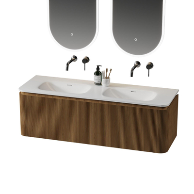 Royal Plaza Terra Edge Badkamermeubelset - 140x44.7x46cm - solid surface wastafel wit mat - 2 wasbakken - zonder kraangaten - 2 lades - sandwood (licht eiken)