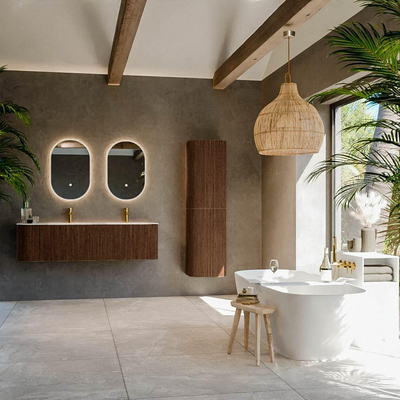 MONDIAZ KURVE-DLUX 155cm Meuble salle de bain avec module 25 G - couleur Walnut - 2 tiroirs - 1 porte - vasque LEAF double / droite - 2 trous de robinet - couleur Ostra