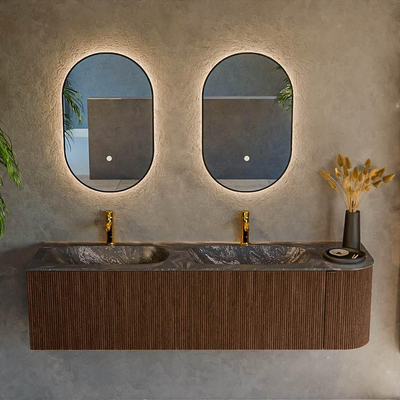 MONDIAZ KURVE-DLUX 165cm badmeubel met module 25 R kleur Walnut met 2 lades en 1 deur. Wastafel STOR SMALL dubbel / links 2 kraangaten kleur Lava.