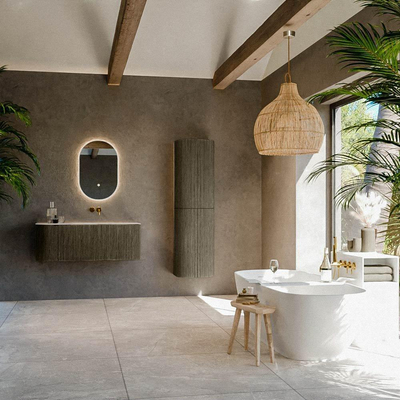 MONDIAZ KURVE-DLUX Meuble de salle de bains 115cm arrondi à gauche couleur Shadow avec 1 tiroir et 1 porte. Lavabo BIG SMALL à droite sans trou de robinet Nata.