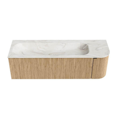 MONDIAZ KURVE-DLUX meuble de salle de bains 145cm avec module 25 R couleur Oak avec 1 tiroir et 1 porte. Lavabo BIG LARGE gauche 1 trou de robinet couleur Ostra.