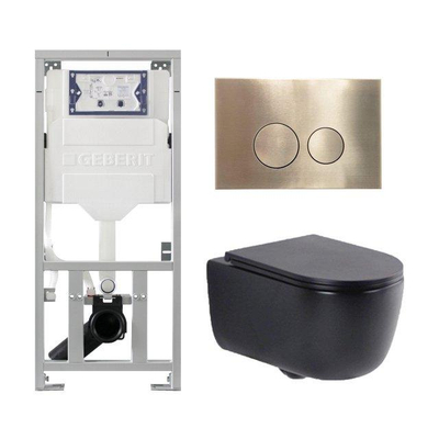 QeramiQ Dely Swirl Toiletset - 36.3x51.7cm - Geberit UP320 inbouwreservoir - met Burda frame -slim zitting - geborsteld messing bedieningsplaat - ronde knoppen - mat zwart