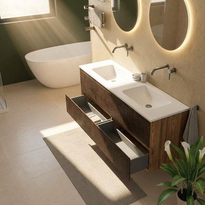 Saniclass Holz Atelier Ensemble de meuble de salle de bains - 160x45x77.5cm - lavabo Torino en solid surface blanc - sans trou de robinetterie - 4 tiroirs - chêne charcoal mat (bois)