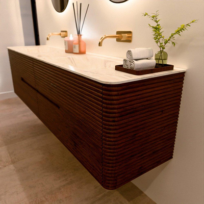 Mondiaz CIRO-DLUX Meuble de salle de bains - 190x45x50cm - Plan vasque Solid surface Ostra - 2 vasques Double - sans trous de robinetterie - 4 tiroirs - Ruby