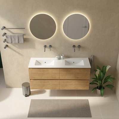 Saniclass Holz Pure Ensemble de meubles de salle de bains - 140x45x62cm - Lavabo en céramique Vygo blanc - 2 vasques - sans trous de robinetterie - 4 tiroirs - chêne natural brillant (bois)