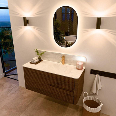 Mondiaz CIRO-DLUX Badkamermeubelset - 110x45x50cm - Solid surface wastafel Opalo - 1 wasbak Rechts - 1 kraangat - 2 lades - Dusk