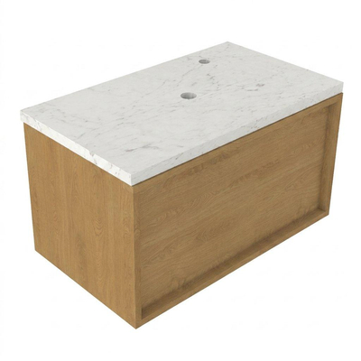Saniclass Holz Frame Ensemble meuble de salle de bains - 80x45x43cm - Plan vasque en marbre Dia poli (blanc) - 1 trou de robinetterie - 1 tiroir - chêne natural mat (bois)