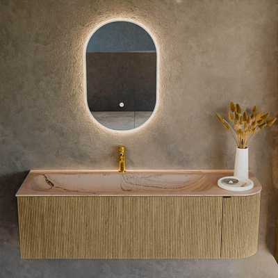 MONDIAZ KURVE-DLUX 145cm meuble de salle de bains arrondi Droite couleur Dusk avec 1 tiroir et 1 porte. Lavabo BIG LARGE Gauche 1 trou de robinet Arena.