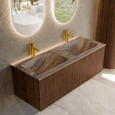 MONDIAZ KURVE-DLUX 120cm badmeubel kleur Walnut met 1 lade en 0 deuren. Wastafel LEAF Dubbel 2 kraangaten Oza.
